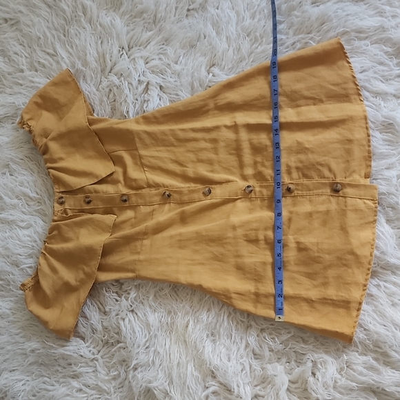 asos Pull&Bear Off Shoulder Ruffle Button Down Linen Dress in Honeycomb Gold - Picture 10 of 12